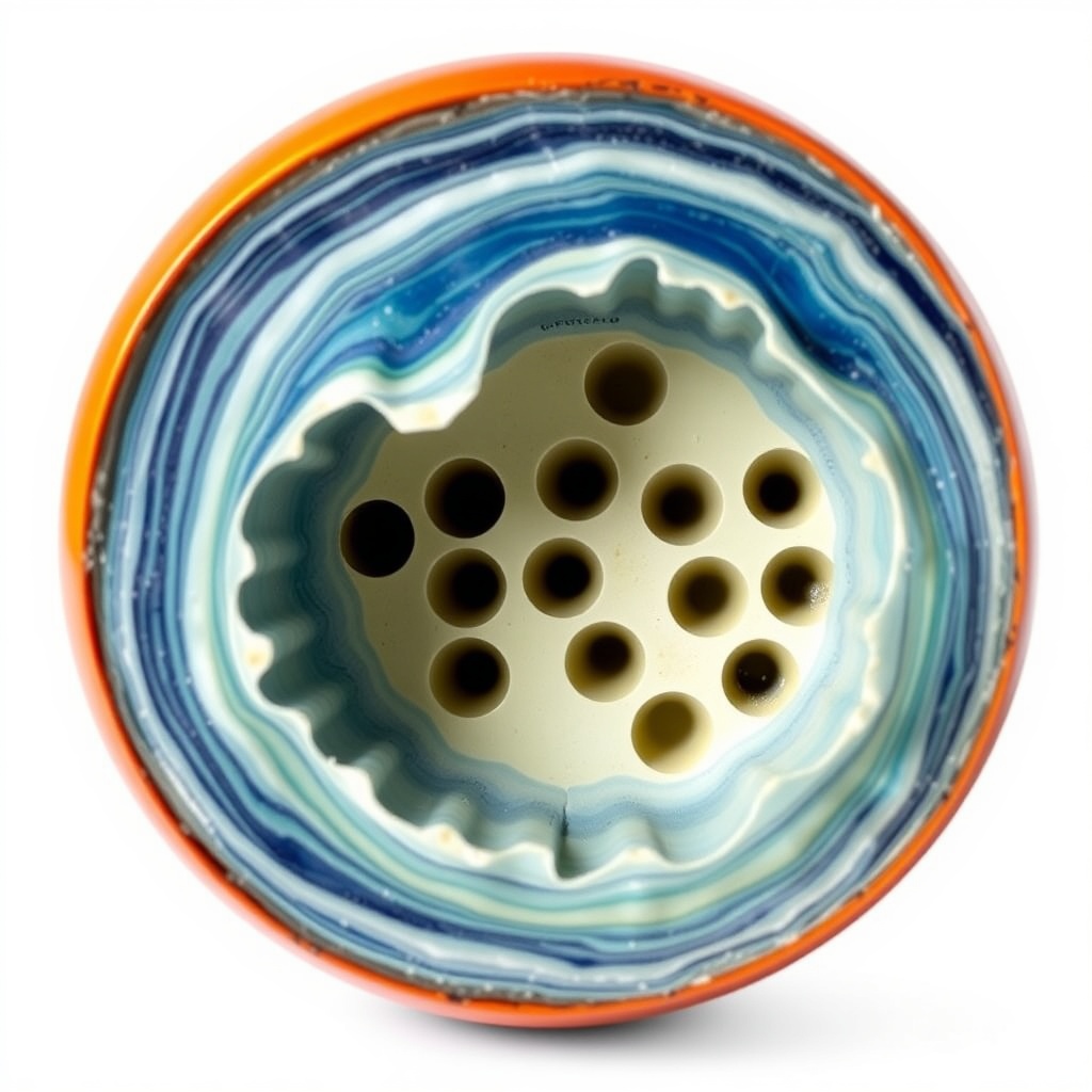 볼링 공의 내부 구조와 표면의 손가락 구멍 배치를 보여주는 단면도